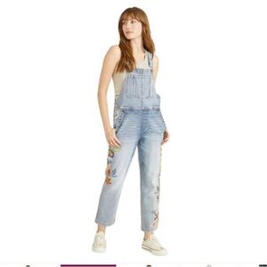 DRIFTWOOD Blue Denim Overalls with Floral Embroidery